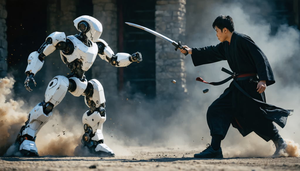 Spectacular duel: the Unitree G1 robot disarms a human with a kick in an impressive animation!