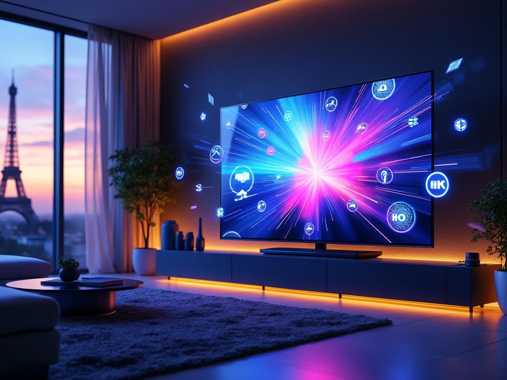 आधुनिक लिविंग रूम में स्मार्ट टीवी और आइकन