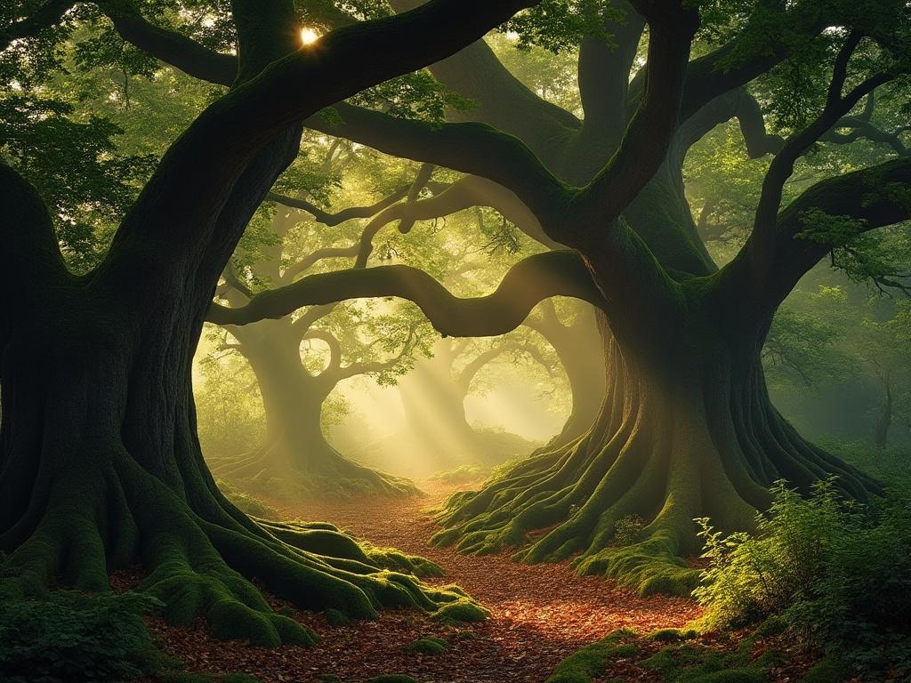 Sentiero forestale tra alberi antichi illuminati dal sole