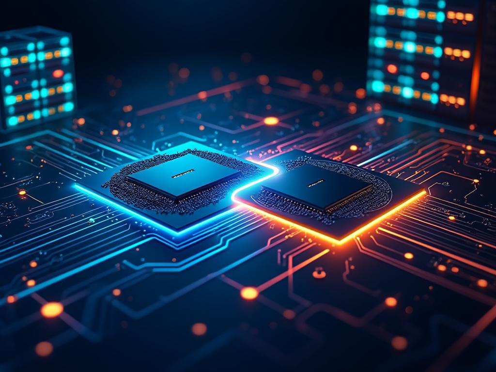 Deux puces électroniques lumineuses sur circuit imprimé.