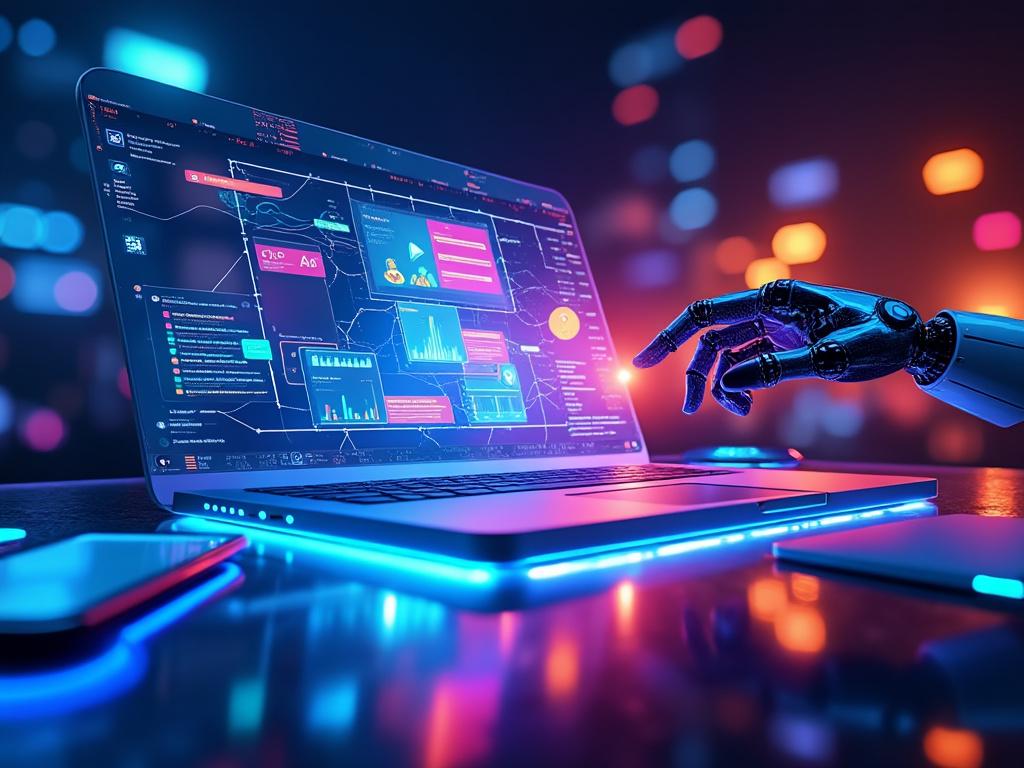 Robot interactuando con pantalla digital en portátil.