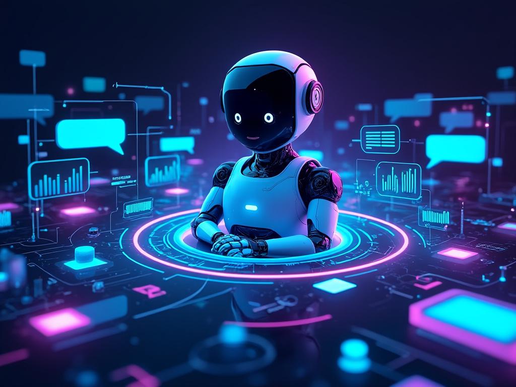 Robô futurista com gráficos digitais interativos ao redor.