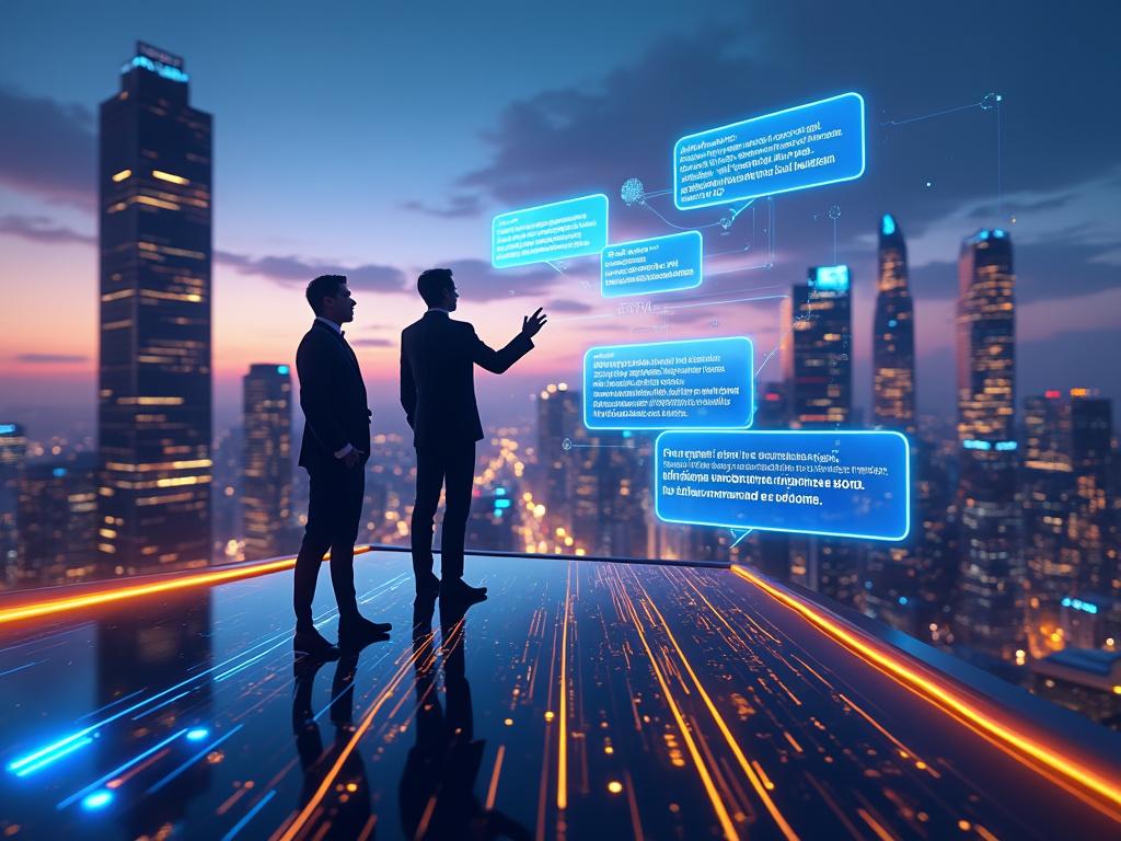 Uomini discutono idee tecnologiche su grattacielo al tramonto.