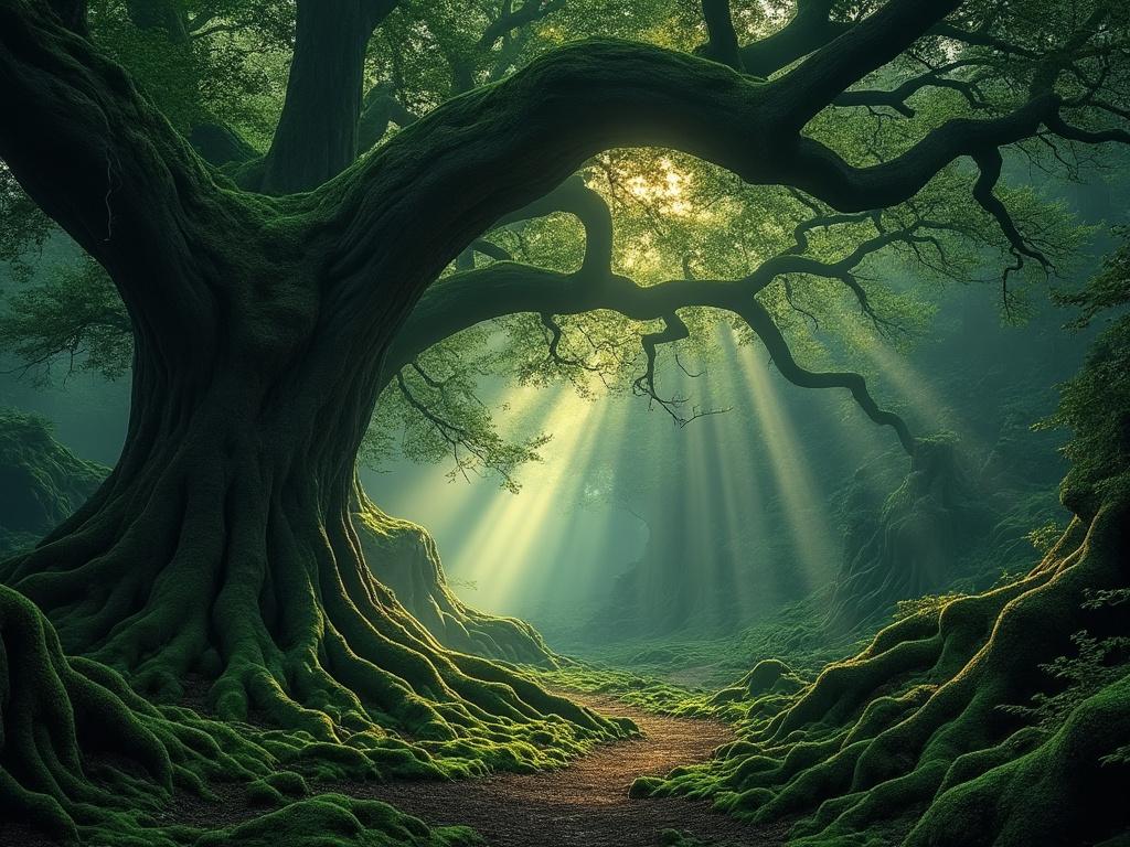 Pohon besar di hutan dengan sinar matahari.