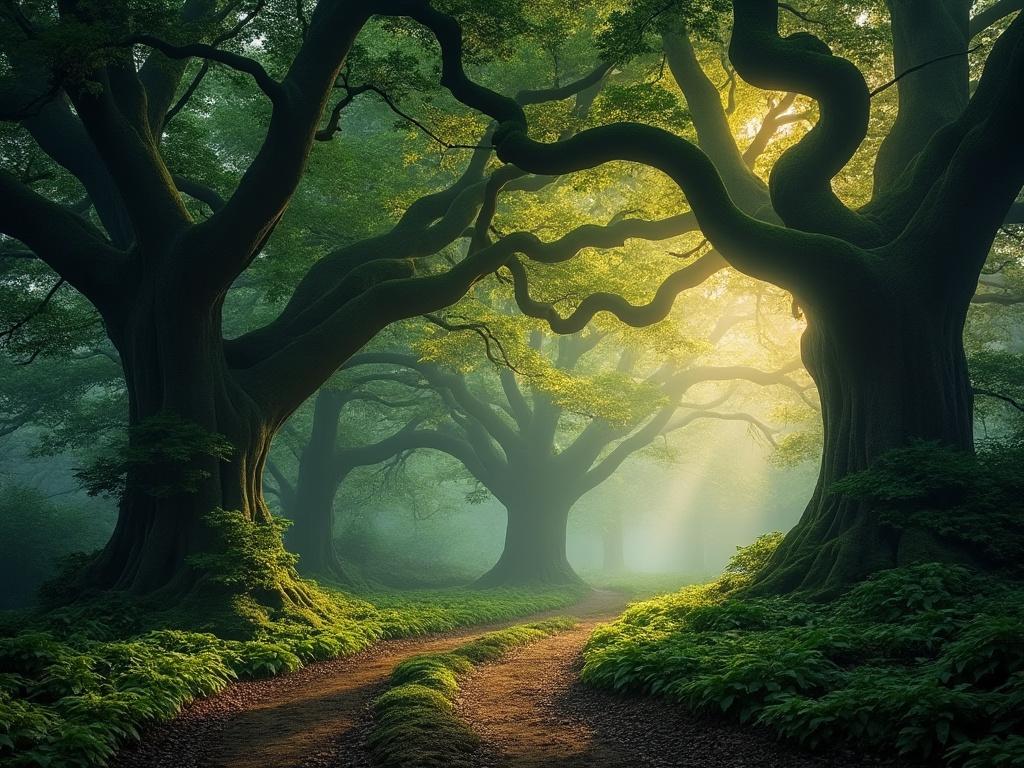 Sonnenlicht durchdringt nebligen Wald mit großen Bäumen.