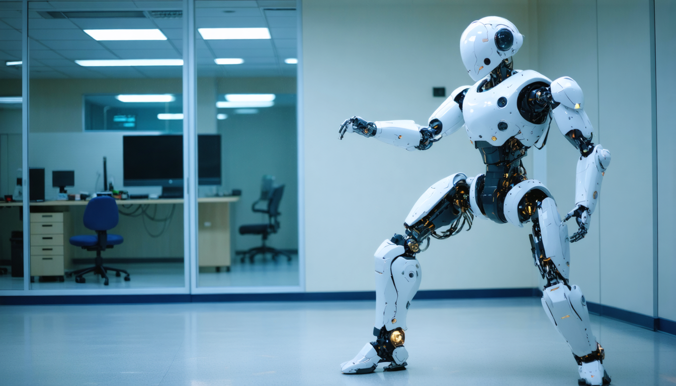 découvrez une scène surprenante où un robot humanoïde en plein entraînement subit un coup inattendu et sensible, mêlant humour et technologie dans une vidéo captivante.