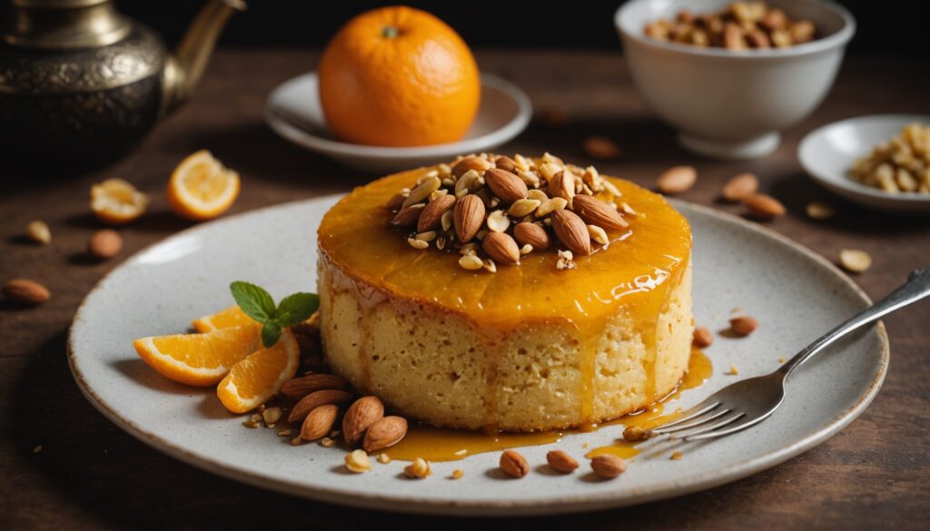 Délice marocain à l’orange et aux amandes : gâteau moelleux à la semoule nappé d’un sirop à la cardamome