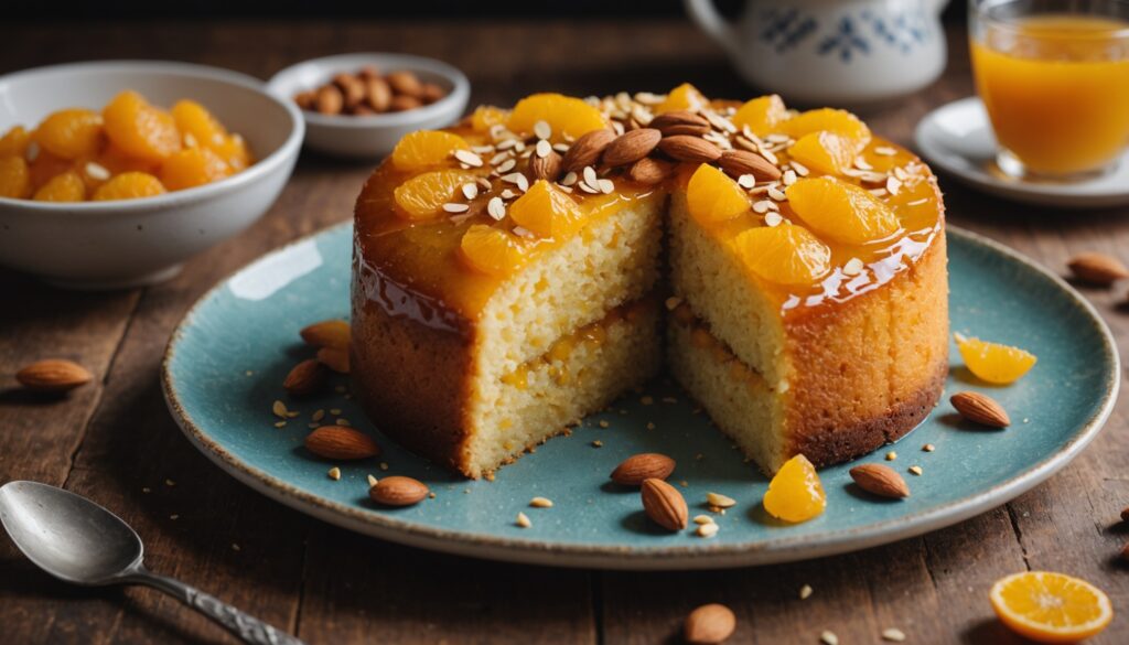 Moroccan delight with orange and almonds: moist semolina cake topped with a cardamom syrup