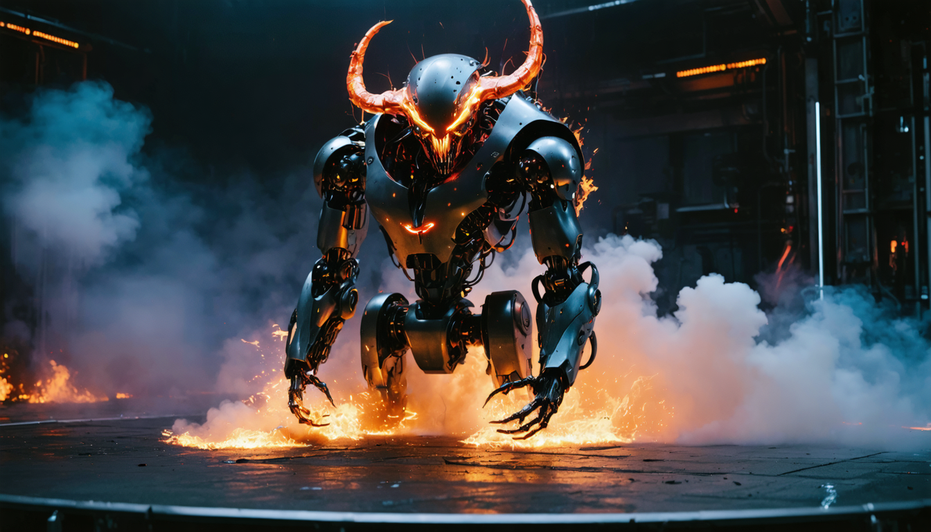 découvrez une vidéo spectaculaire où un robot se métamorphose en démon avant de s'effondrer lors d'une démonstration impressionnante. une transformation étonnante à ne pas manquer !