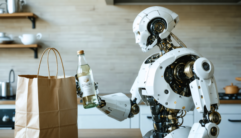 découvrez une vidéo captivante où un robot relève le défi technologique d'insérer une bouteille dans un sac avec précision et agilité.