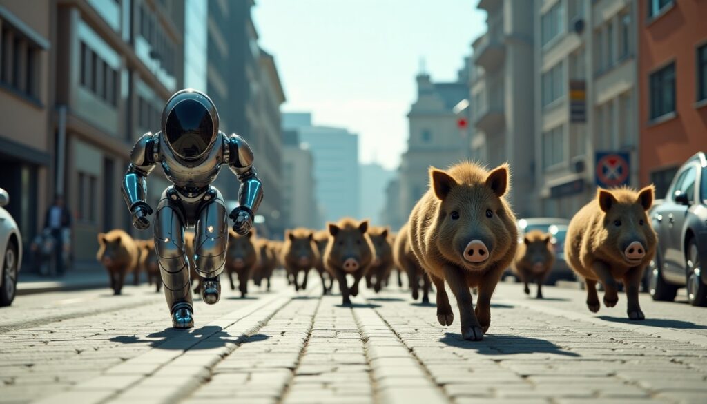 Vidéo : Edward le robot poursuit une meute de sangliers en pleine ville de Varsovie !