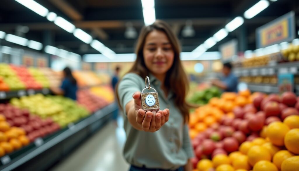 Di supermarket, sebuah gantungan kunci mengungkapkan buah berkualitas dalam sekejap