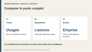 Comparer le poste complet. Travail : Décrire les tâches et les lieux.. Équipement : Vérifier les références exactes.. Bureau : Placer les périphériques ensemble.
