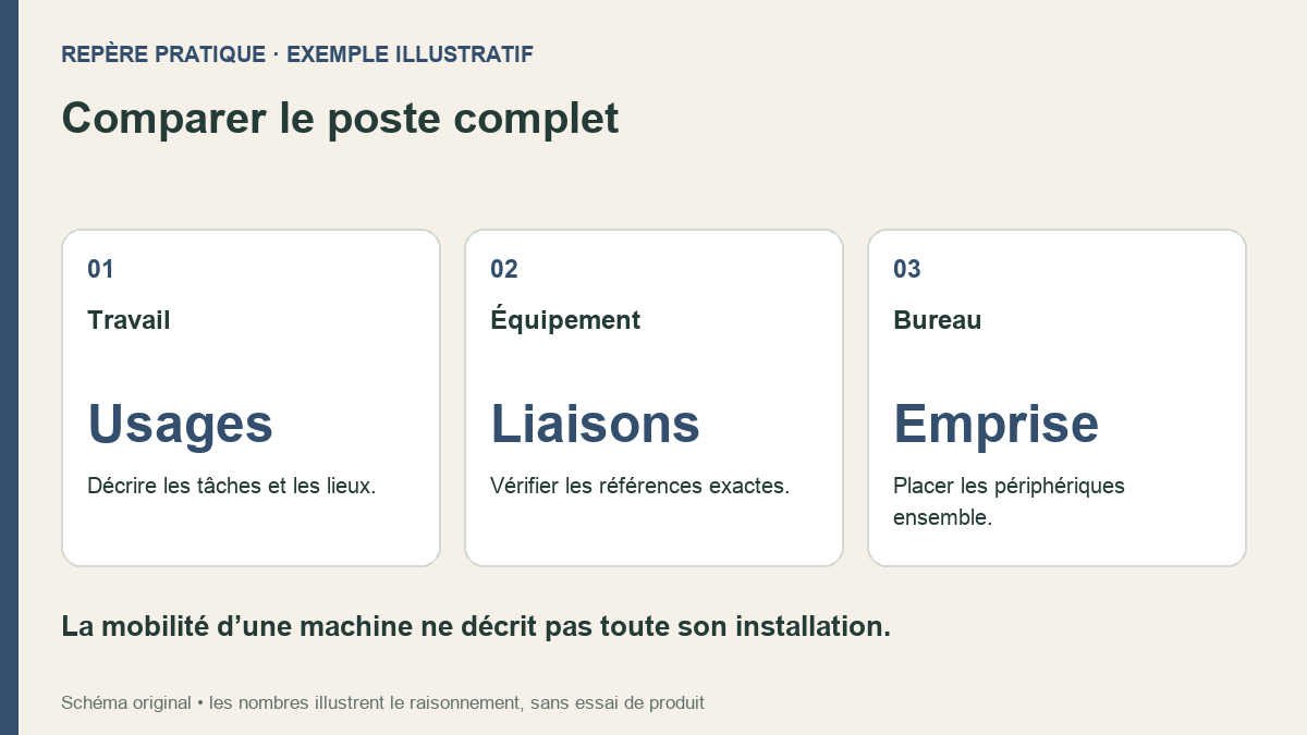 Comparer le poste complet. Travail : Décrire les tâches et les lieux.. Équipement : Vérifier les références exactes.. Bureau : Placer les périphériques ensemble.