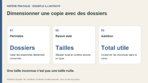 Trois cartes montrent comment passer des dossiers sélectionnés à un total documenté sans compter les photos.